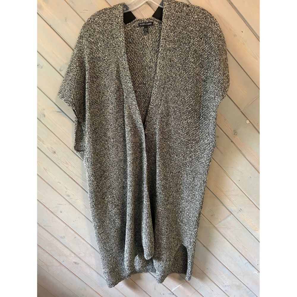 Eileen Fisher Womens Black White Marled Knit Open Front Cardigan Vest Size M/M